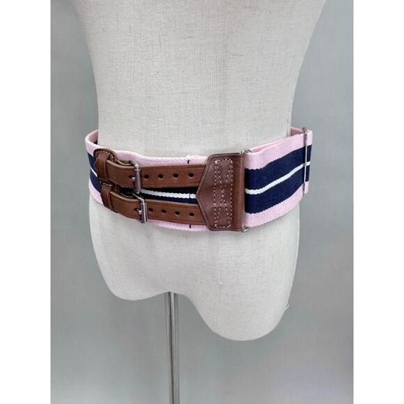 Polo Ralph Lauren Pink Navy Striped Webbed Canvas Double Buckle Belt Size Small - Picture 12 of 16